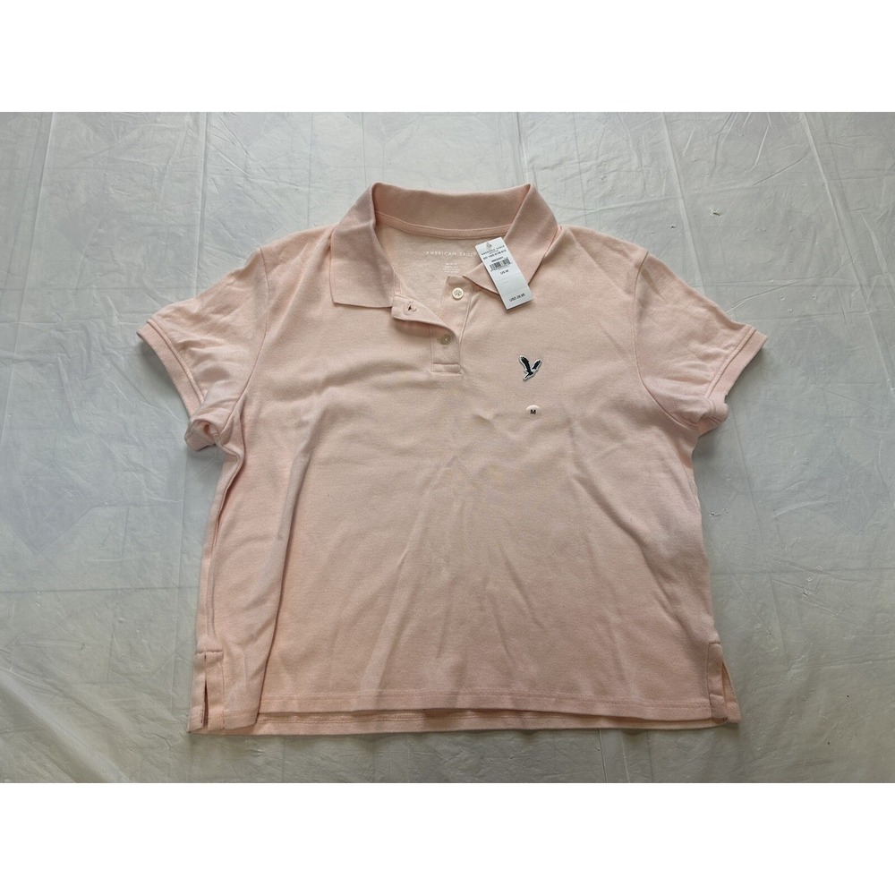 NWT American Eagle Pink Cotton Blend Logo Polo Shirt Womens Medium Cropped